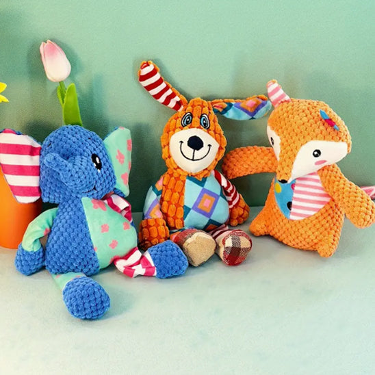 peluche-velour-cotele-elephant-bleu-chien-coloré-renard-roux